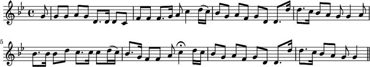  % add audio player
\language "english" % notation of accidentals
 \relative c' % relative pitch coding
{ 
  \set Staff.midiInstrument=#"accordion"
   \key bf \major
    \time 4/4
     %\tempo not indicated
      %\cadenzaOn % enter barlines manually
       \partial 8 g'8 \bar "|"                       % 1
        g8[ g8] a8 g8 d8. d16 d8 c8                  % 2
        f8[ f8] f8. g16 a8 c4 d16( c16)              % 3
        bf8[ g8] a8 f8 g8 d8 d8. d'16                % 4
        d8.[ c16] bf8 a8 g8 g4 a8                    % 5
        bf8.[ bf16] bf8[ d8] c8.[ c16] c8 d16( c16)  % 6
        bf8.[ g16] f8[ f8] a8 c4\fermata d16 c16     % 7
        bf8[ g8] a8 f8 g8 d8 d8. d'16                % 8
        d8.[ c16] bf8 a8 g8 g4 \bar "||"             % 9                  % 9
        
}
