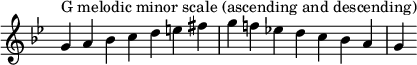  {
\omit Score.TimeSignature\relative c'' {
  \key g \minor \time 7/4 g^"G melodic minor scale (ascending and descending)" a bes c d e fis g f! es! d c bes a g
} }
