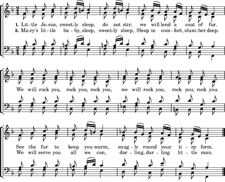 
\header { tagline = ##f }
\layout { indent = 0 \set Score.tempoHideNote = ##t
  \context { \Score \remove "Bar_number_engraver" }
  \context { \Voice \remove "Dynamic_engraver" }
}

global = { \key f \major \time 2/4 \autoBeamOff }

soprano = \relative c' { \global \set Staff.midiPanPosition = -0.5 \set midiInstrument = "recorder"
  f8\mf a c c | d d16 ([b]) c4 | d8\pp d16 ([b]) c4 |
  bes8\mf bes16 ([g]) a8 a16 ([f]) | g8 g16 ([e]) f4 |
  a8 c bes a | g a g c, |
  a'\pp c bes a | g a g c, |
  f8\mf a c c | d d16 ([b]) c4 |
  bes!8\pp bes16 ([g]) a8 \tempo 4 = 36 a16 ([f]) | g8 g16 ([e]) f4 \bar "|."
}

alto = \relative c' { \global \set Staff.midiPanPosition = 0.5 \set midiInstrument = "flute"
  f8\mf a f a | g g g4 | g8\pp g g4 |
  f8\mf d e c | d c c4 |
  f8 f f f | e d e c |
  f\pp f f f | f f e c |
  f8\mf a f a | g g g4 |
  f8\pp d e c | d c c4 \bar "|."
}

tenor = \relative c' { \global \set Staff.midiPanPosition = -1 \set midiInstrument = "oboe"
  a8\mf c a c | b b16 ([d]) c4 | b!8\pp b16 ([d]) c4 |
  d8\mf bes c a | bes g a4 |
  c8 a bes c | c a c c |
  c\pp a bes c | d d g, c |
  a8\mf c a c | b b16 ([d]) c4 |
  d8\pp bes c e | bes g a4 \bar "|."
}

bass = \relative c { \global \set Staff.midiPanPosition = 1 \set midiInstrument = "bassoon"
  f8 f f f | f g e4 | f8 g e4 |
  d8 g c, f | bes, c f,4 |
  f'8 f d f | c f c c |
  es f d c | b b c c |
  f8 f f f | f g e4 |
  d8 g c, f | bes, c f,4 \bar "|."
}

verseOne = \lyricmode { \set stanza = "1."
  Lit -- tle Je -- sus, sweet -- ly sleep, do not stir;
  we will lend a coat of fur.
  We will rock you, rock you, rock you,
  we will rock you, rock you, rock you.
  See the fur to keep you warm,
  snug -- ly round your ti -- ny form. }
verseTwo = \lyricmode { \set stanza = "2."
  Ma -- ry's lit -- tle ba -- by, sleep, sweet -- ly sleep,
  Sleep in com -- fort, slum -- ber deep.
  \repeat unfold 16 { \skip 1 }
  We will serve you all we can,
  dar -- ling, dar -- ling lit -- tle man.
}

\score {
  \new ChoirStaff <<
    \new Staff
    <<
      \new Voice = "soprano" { \voiceOne \soprano }
      \new Voice = "alto"    { \voiceTwo \alto }
    >>
    \new Lyrics \lyricsto "soprano" \verseOne
    \new Lyrics \lyricsto "soprano" \verseTwo
    \new Staff
    <<
      \clef bass
      \new Voice = "tenor" { \voiceOne \tenor }
      \new Voice = "bass"  { \voiceTwo \bass }
    >>
  >>
  \layout { }
}
\score { << \soprano \\ \alto \\ \tenor \\ \bass >>
  \midi {
    \tempo 4=42
    \context { \Score midiChannelMapping = #'instrument }
    \context { \Staff \remove "Staff_performer" }
    \context { \Voice \consists "Staff_performer" }
  }
}
