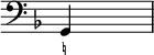 {\override Score.TimeSignature #'stencil = ##f \time 4/4 \key f \major \clef bass <<{g,}\figures{<_!>1}>>}