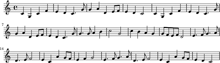 \relative c' { c g c f e d c4. g'8 g4 a d, e8 f8 e4 d c2 c4 g c f e d c4. g'8 g4 a d, e8 f8 e4 d c4. g'8 g4. g8 a4 b c2 g c4 b a g g8 f e f d2 e4. f8 g4. a8 d,4. e8 f2 e4 c a' g8 f e4 f g2 e4. f8 g4. a8 d,4. e8 f2 e4 c a' g8 f e4 d c2}