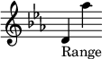 { \new Staff \with { \remove "Time_signature_engraver" } \clef "treble" \key es \major d'_"Range" aes'' }