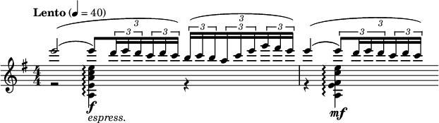 
\new Staff <<
   \set Staff.midiInstrument = #"violin"
   \tempo \markup "Lento" 4 = 40
   \clef treble
   \key g \major
   \numericTimeSignature \time 4/4
\new Voice = "Solo-V1"
\relative c{
   \voiceOne
    e'''2\=1(\=2( \tuplet 3/2 {e8\=2)[ \tuplet 3/2 { d16 e d } \tuplet 3/2 { c d c] }}\=1) \tuplet 3/2 {\tuplet 3/2 {b([ c b} \tuplet 3/2 {a c e} \tuplet 3/2 {g fis e])}}
    e4\=1(\=2( \tuplet 3/2 {[ \tuplet 3/2{e8\=1) d16 e d} \tuplet 3/2 {c16 d c}]}\=2)
}

\new Voice = "Hfe."
\relative c{
    \voiceTwo
    r2 <a' e' a c e>4_\markup { \italic espress. }\arpeggio \f r4
    r4 <a e' fis c' e>4\arpeggio \mf
}
>>
