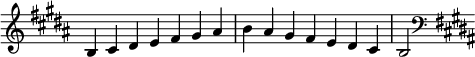  {
\omit Score.TimeSignature \relative c' {
  \key b \major \time 7/4 b cis dis e fis gis ais b ais gis fis e dis cis b2
  \clef F \key b \major } }