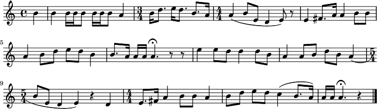 
{
% 0
    \partial 4   b'4  | 
%    b'4 s2. | 
% 1
    b'4 b'16 [ b'16 b'8 ] b'16 [ b'16 b'8 ] a'4 | 
% 2
    \numericTimeSignature \time 3/4  
    b'16 [ d''8. ] e''16 [ d''8. ] b'8. [ a'16 ] | 
% 3
    \numericTimeSignature \time 4/4  
    a'4 ( b'8 [ e'8 ] d'4 e'8 ) r8 | 
% 4
    e'4 fis'8. [ a'16 ] a'4 b'8 [ b'8 ] | 
% 5
    a'4 b'8 [ d''8 ] e''8 [ d''8 ] b'4 | 
% 6
    b'8. [ a'16 ] a'16 [ a'16 ] a'4. ^\fermata r8 r8 | 
% 7
    e''4 e''8 [ d''8 ] d''4 d''8 [ b'8 ] | 
% 8
    a'4 a'8 [ b'8 ] d''8 [ b'8 ] a'4 ( | 
% 9
    \time 5/4  
    b'8 [ e'8 ] d'4 e'4 ) r4 d'4 | 
\barNumberCheck #10
    \numericTimeSignature \time 4/4  
    e'8. [ fis'16 ] a'4 b'8 [ b'8 ] a'4  |
% 11
    b'8 [ d''8 ] e''8 [ d''8 ] c''4 ( b'8. [ a'16 ) ] | 
% 12
    a'16 [ a'16 ] a'4. ^\fermata r4 
\bar "|."
}

