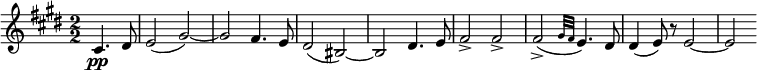  \relative c' { \set Staff.midiInstrument = #"violin" \clef treble \key cis \minor \numericTimeSignature \time 2/2 \partial 2*1 cis4.\pp dis8 | e2( gis~) | gis fis4. e8 | dis2( bis~) | bis dis4. e8 | fis2-> fis-> | fis->( \grace { gis32[ fis] } e4.) dis8 | dis4( e8) r e2~ | e } 