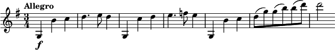 
\relative c' {
  \tempo "Allegro"
  \key g \major
  \time 3/4
  g4\f b' c |
  d4. e8 d4 |
  g,,4 c' d |
  e4. f8 e4 |
  g,,4 b' c |
  d8( g) g( b) b( d) |
  d2
}
