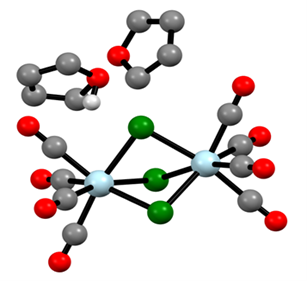 File:Crystallographic structure of (H(THF)2)(Nb2(μ-Cl)3(CO)8).png