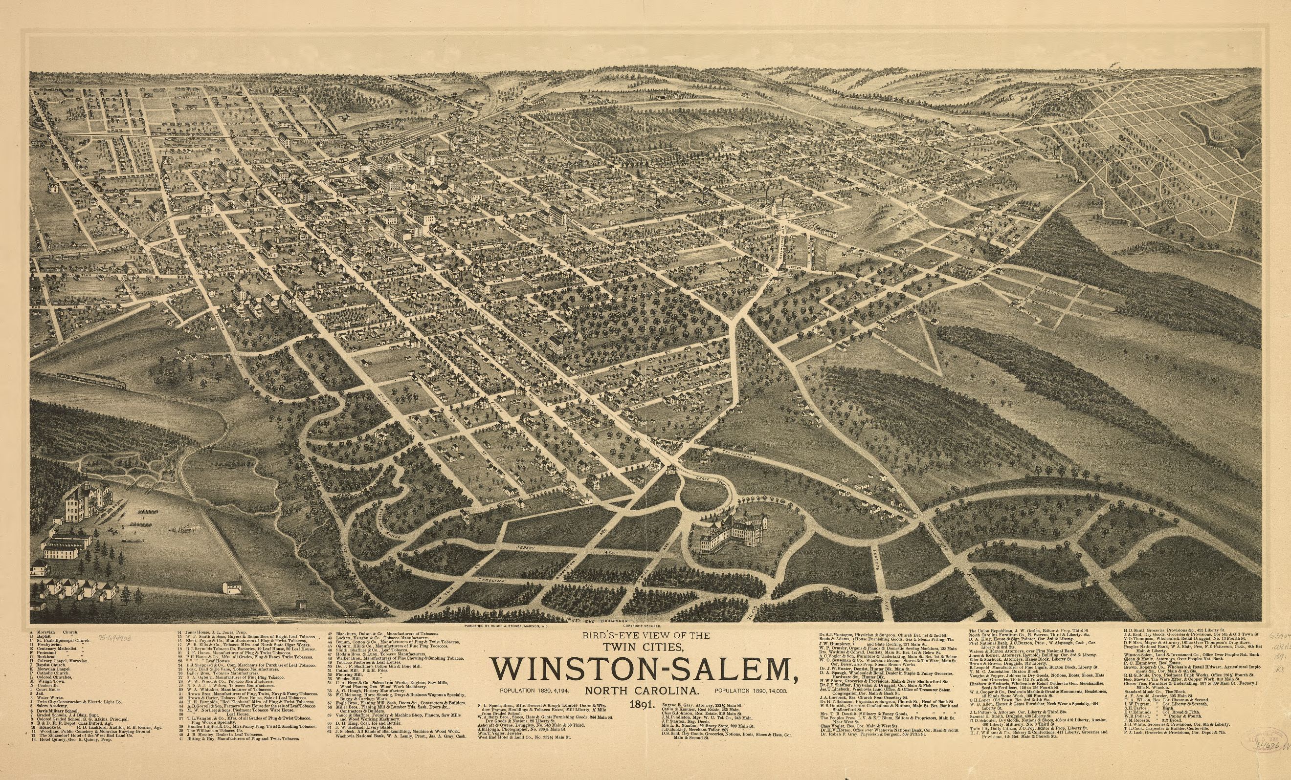 1891 Bird's eye view of the corner of Main and First Streets in Winston-Salem. Starbuck's two-story home can be seen prominently.