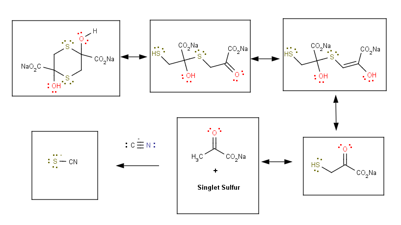 Creation of a singlet sulfur that will go on to react with cyanide anion leading to give SCN (non-toxic)