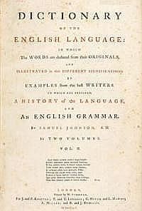 Title page of Johnson's A Dictionary of the English Language (1755), the first comprehensive lexicon of English