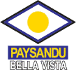 A squashed diamond shape with a blue outline, in the centre is a yellow circle, underneath are the words "PAYSANDU BELLA VISTA"