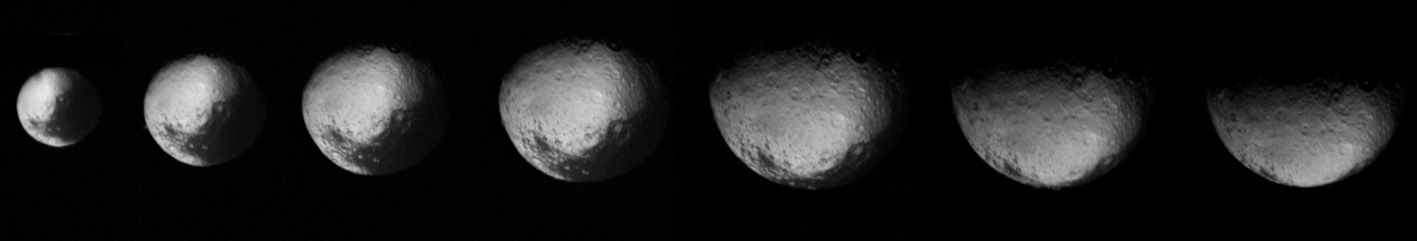 This series of images of Iapetus' north pole by Voyager 2 became the first-ever hints on the existence of the moon's equatorial ridge. The white and grey dots below each images (Iapetus' equator) will later be revealed to be Voyager Montes by Cassini.[10] Taken on August 22, 1981.