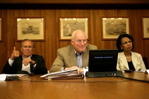 File:Cheney, Rumsfeld, and Rice in Camp David.jpg