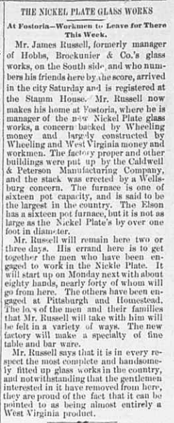 newspaper article about Nickel Plate Glass Company with many employees from Wheeling