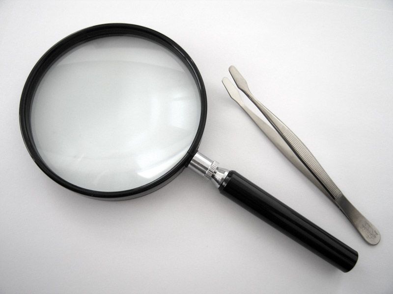 File:Magnifying glass and Stamp tong.jpg