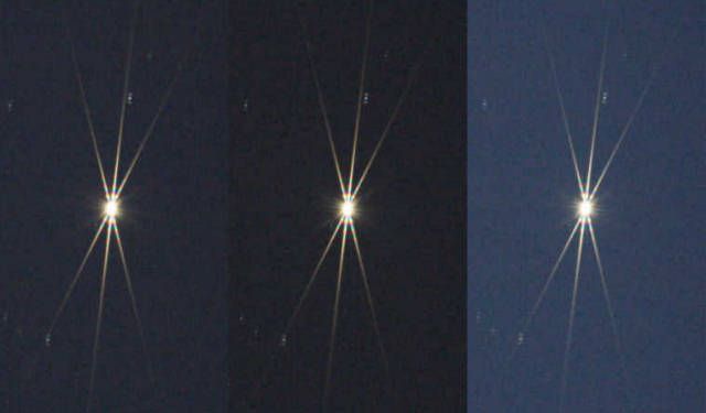 Example diffraction patterns produced by a Bahtinov mask (middle: in focus, left and right: slightly out of focus)