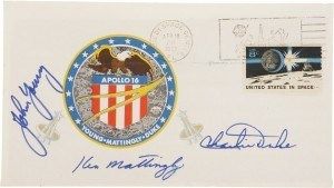 John Young's Apollo 16 insurance cover, postmarked April 16, 1972, and signed by John Young, Ken Mattingly, and Charlie Duke