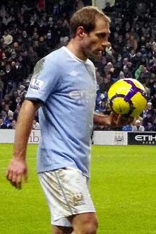 Pablo Zabaleta about to take a throw-in during the Premier League game against Bolton Wanderers played at CoMS on 4 December 2010.