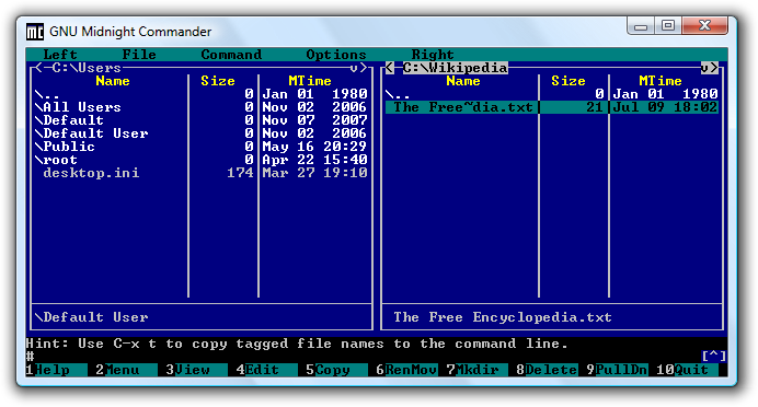 File:GNU Midnight Commander 4.1.36 Windows Vista.png