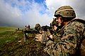 A soldier with the 17th Vânători de munte Battalion fires an M240B machine gun with a U.S. Marine of the Black Sea Rotational Force, during a live-fire exercise in the Carpathian Mountains, 2014