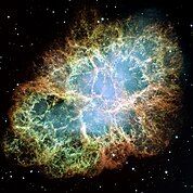 The crab nebula supernova remnant. Hubble Space Telescope mosaic image assembled from 24 individual Wide Field and Planetary Camera 2 exposures taken in October 1999, January 2000, and December 2000.