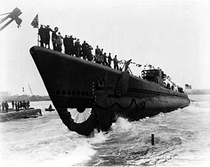 Piranha (SS-328) at her launching, Portsmouth Navy Yard, 10 October 1943.