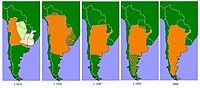 Green map of Argentina with an orange outline growing over time to illustrate the changing state of Argentina's indigenous peoples.