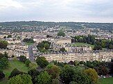 Aerial view over northern Bath from a hot air balloon. The famous Royal Crescent is in the centre.