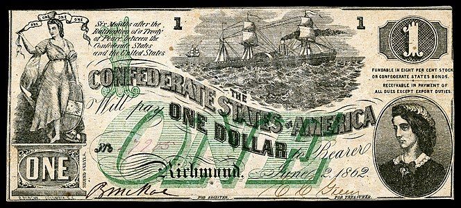 One Confederate States dollar (T45), by B. Duncan