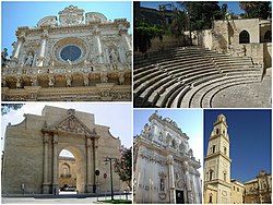 Clockwise from top left: Church of Santa Croce; Roman Theatre; the cathedral's bell tower; Lecce Cathedral ("Cattedrale di Santa Maria Assunta"); and Porta Napoli, in Viale Università