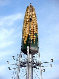 Water tower in Rochester, Minnesota being painted as an ear of maize, 2008