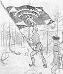 A Finnish officer of the 1918 expedition waiving the Jagers flag. Drawing by Thorsten Renvall