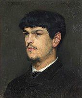 head and shoulder, semi-profile of young man with dark hair, combed forward into a fringe; he has a small beard