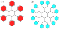 Chemical diagrams: one simpler and red, the other more complex and light blue