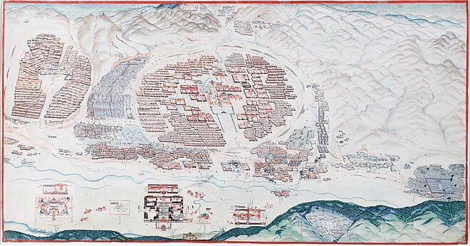 A 1913 panorama of Urga. The large circular compound in the middle is the Zuun Khuree temple-palace complex. The Gandan temple complex is to the left. The palaces of the Bogd are to the south of the river. To the far bottom right of the painting is the Maimaicheng district. To its left are the white buildings of the Russian consulate area. Manjusri Monastery can be seen on Mount Bogd Khan Uul at the bottom-right of the painting.