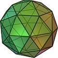 Pentakis dodecahedron is a slightly smaller Catalan solid which has 60 isosceles triangle faces, 90 edges (2 types), and 32 vertices (2 types).