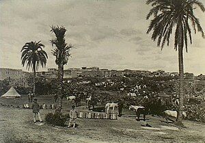 Ottoman soldiers with horses near a tent on the outskirts of the town