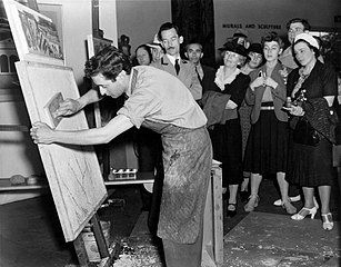 WPA muralist Axel Horn demonstrates how to make a fresco in the main gallery of the American Art Today Building at the 1939 New York World's Fair (1940)