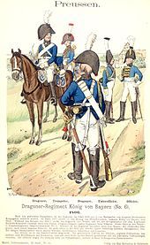 Print of 1806 Prussian King of Bavaria Dragoons Nr. 1 in light blue coat, white trousers, and boots