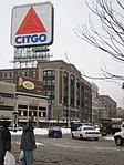 Winter in Kenmore Square with the Citgo sign atop the Boston University Barnes & Noble store