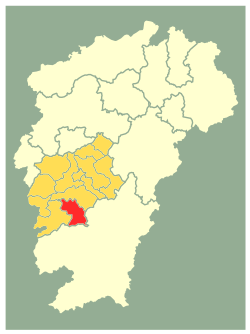 Location of Wan'an County (red) within Ji'an City (gold) and Jiangxi