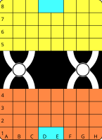 8×4 player areas, two "X" bridges with center spots [31-piece game]