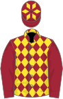 Maroon and yellow diamonds, maroon sleeves