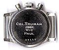 Reverse view of President Truman's Flight Officer Chronograph showing the 4 compression screws of the early water resistant case (circa 1939)