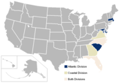 A map of the ACC as it existed from 2005 to 2013, with Atlantic (blue) and Coastal (tan) divisions.