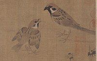 Part of an ink on silk painting by Huang Quan c. 965 CE showing a fledgling soliciting food from an adult