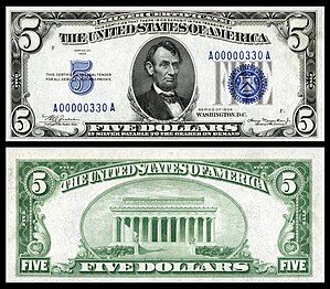 Obverse and reverse of an 1934 five-dollar silver certificate