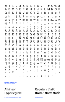 The 335 characters of Atkinson Hyperlegible in its regular style, comprising Arabic numerals, Latin letters, common punctuation and symbols, common Latin diacritics and ligatures, and selected mathematical and typographical symbols.