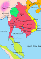 Image 14Map of South-east Asia c. 900 CE, showing the Khmer Empire in red, Champa in yellow and Haripunjaya in light green, plus additional surrounding states (from History of Cambodia)